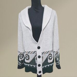 Vintage 50s 60s Grandpa Cardigan Sweater Cream and Green Womens Size Medium